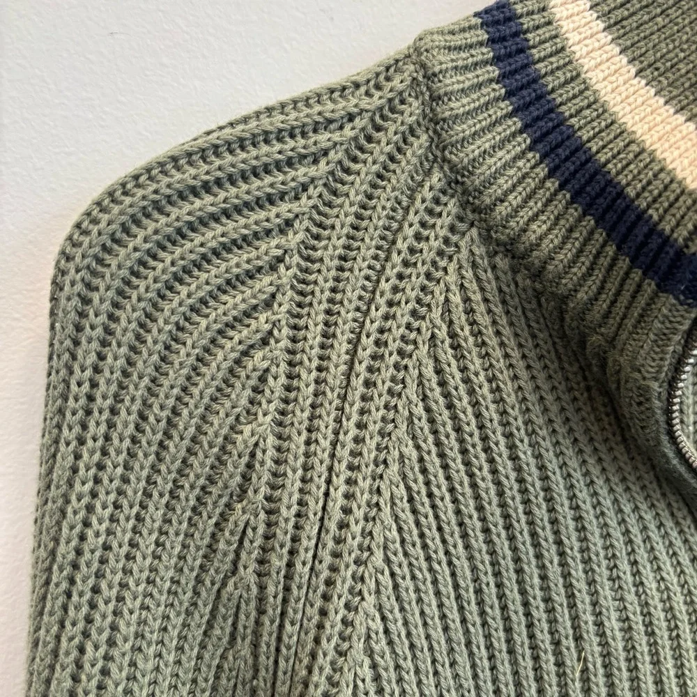 NWT J Crew Sweater Striped‎ Green Mens Large Chunky Knit 1/4 Zip Mock Neck